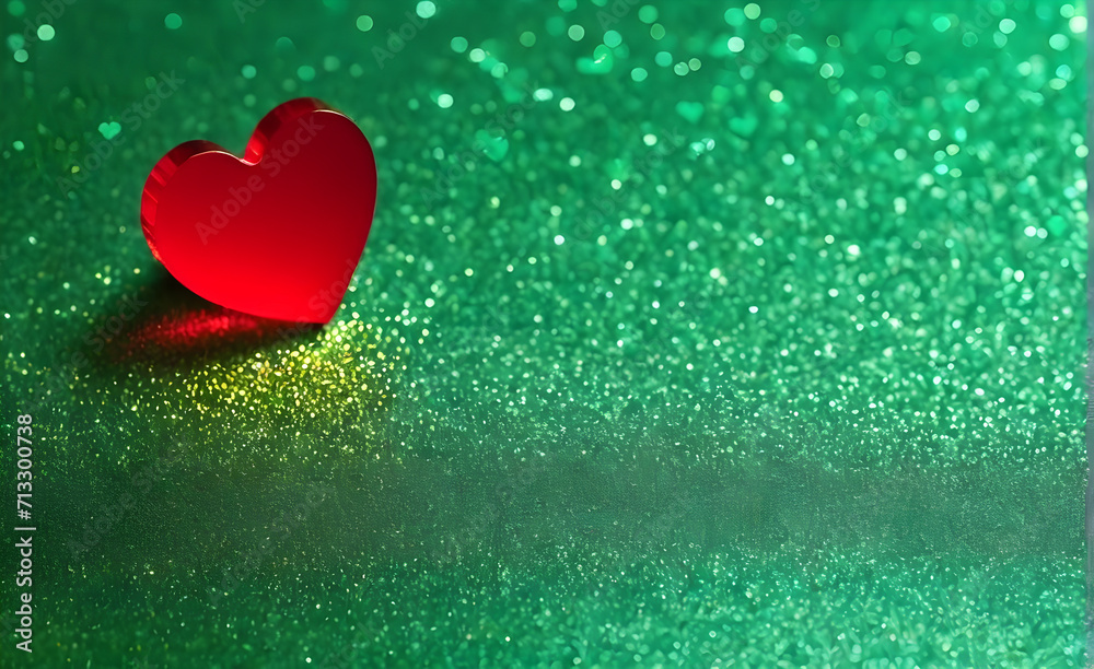 A small red heart on a sparkling soft green background. Generative AI A small red heart on a sparkling soft green background. Generative AI