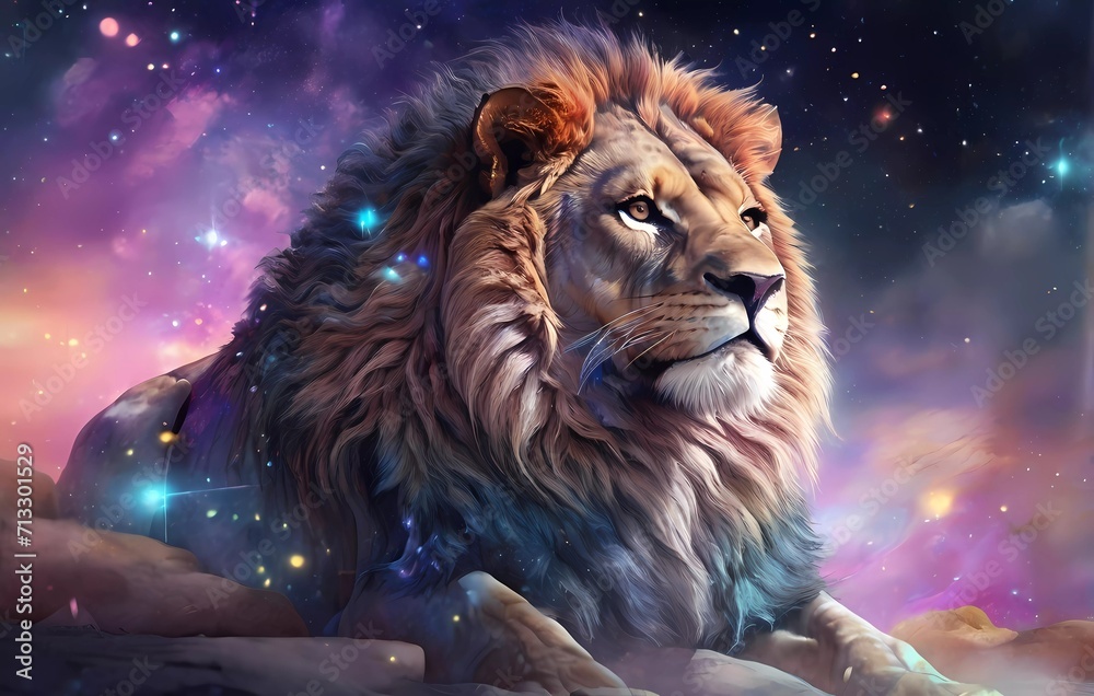 lion in the sun, fantasy  illustration, very detailed watercolor, lion,  highly detailed, high quality cosmic colors with surreal precision, zoom, full body, echoing the atmospheric atmosphere