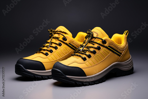 Pair of yellow safety leather shoes isolated on dark background