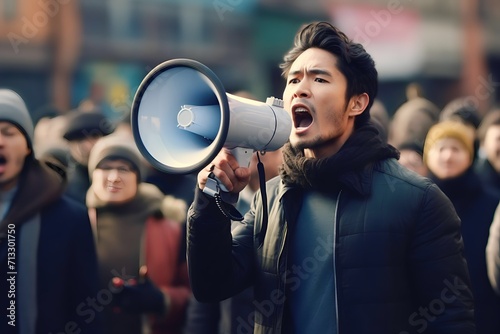 asian Male activist protesting on megaphone during a strike with a group of demonstrators in the background © Sasa Visual