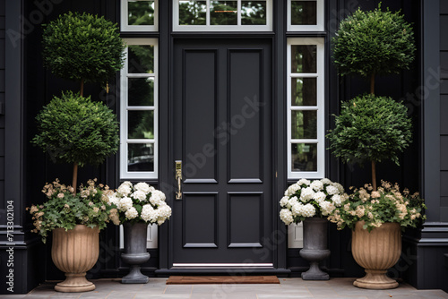 Black front door front door of a house adorned potted
