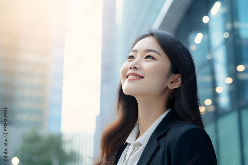 Happy young Asian business woman standing on street