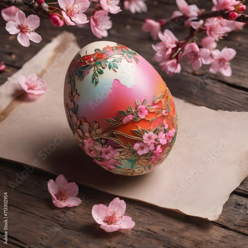A beautifully drawn (((Easter egg))), intricate details and colors complemented by delicate ((pink cherry blossoms)), set against a (distressed wooden table) with plenty of ((copy space)) around it