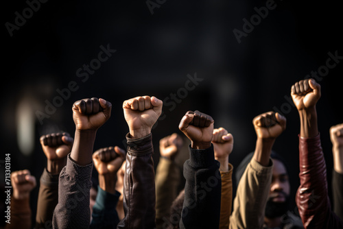 Multi ethnic fists raised up in sign of protest