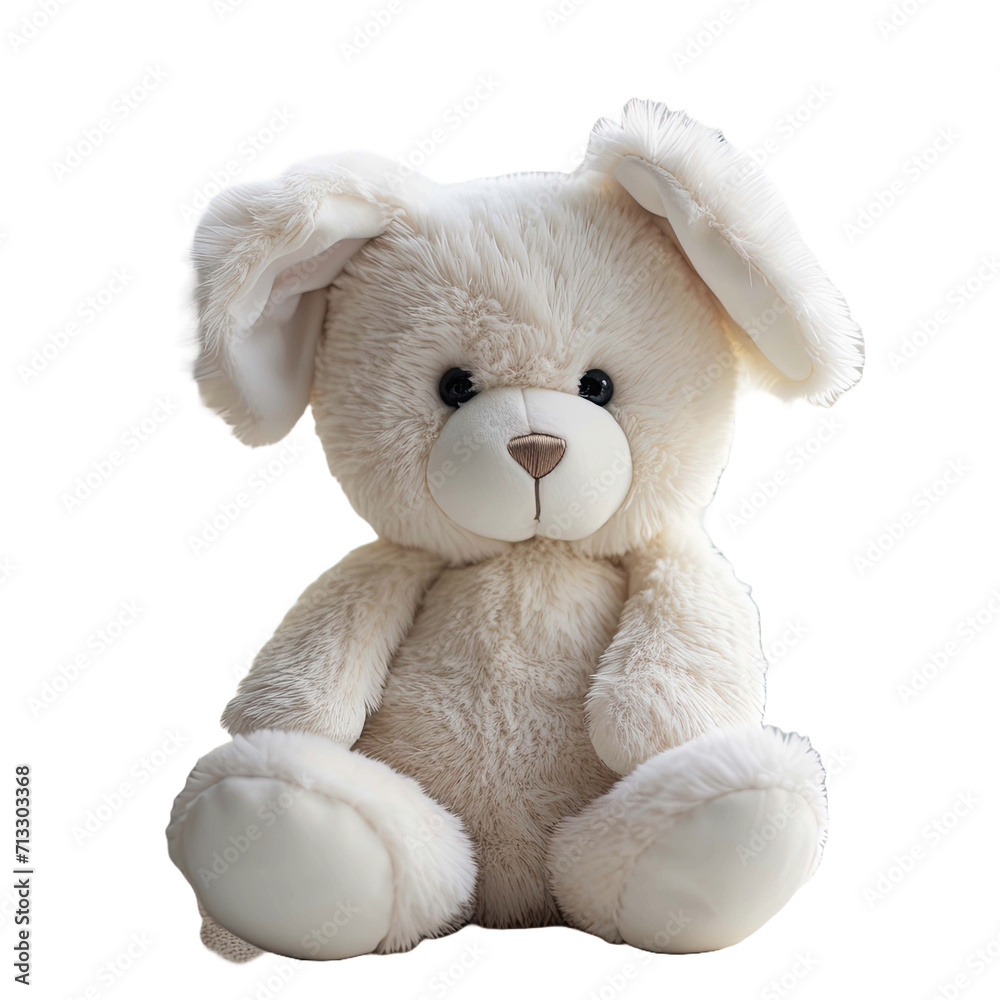 A cuddly white plush toy rabbit, sitting and waiting to be hugged A cuddly white plush toy rabbit, sitting and waiting to be hugged
