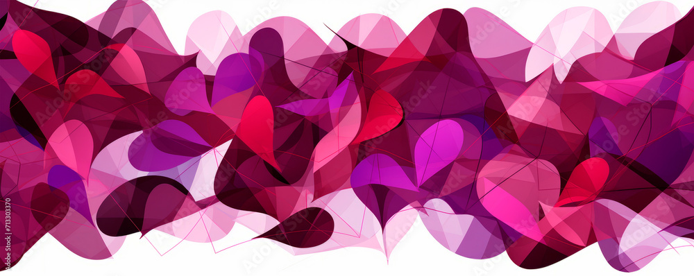 Abstract airy hearts in shades of red and purple with dynamic swirls on a whimsical translucent background. Romantic Event. Background for wedding, Valentine's Day, greeting card
