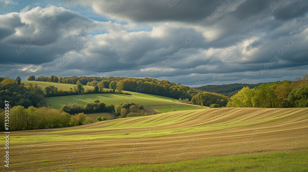 Farm landscape photograph. Sprawling farmland over flowing hills.