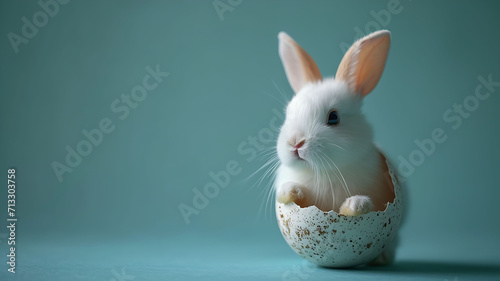 A cute easter Cartoon little bunny with an easter egg basket in the grass generated Ai illustration. photo