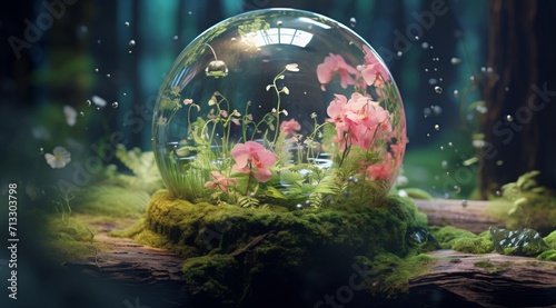 Realistic water drop with an ecosystem for world water day. A water drop with flowers in it on mossy areas, in the desert and on rocky ground. Large drop of water and green plants
