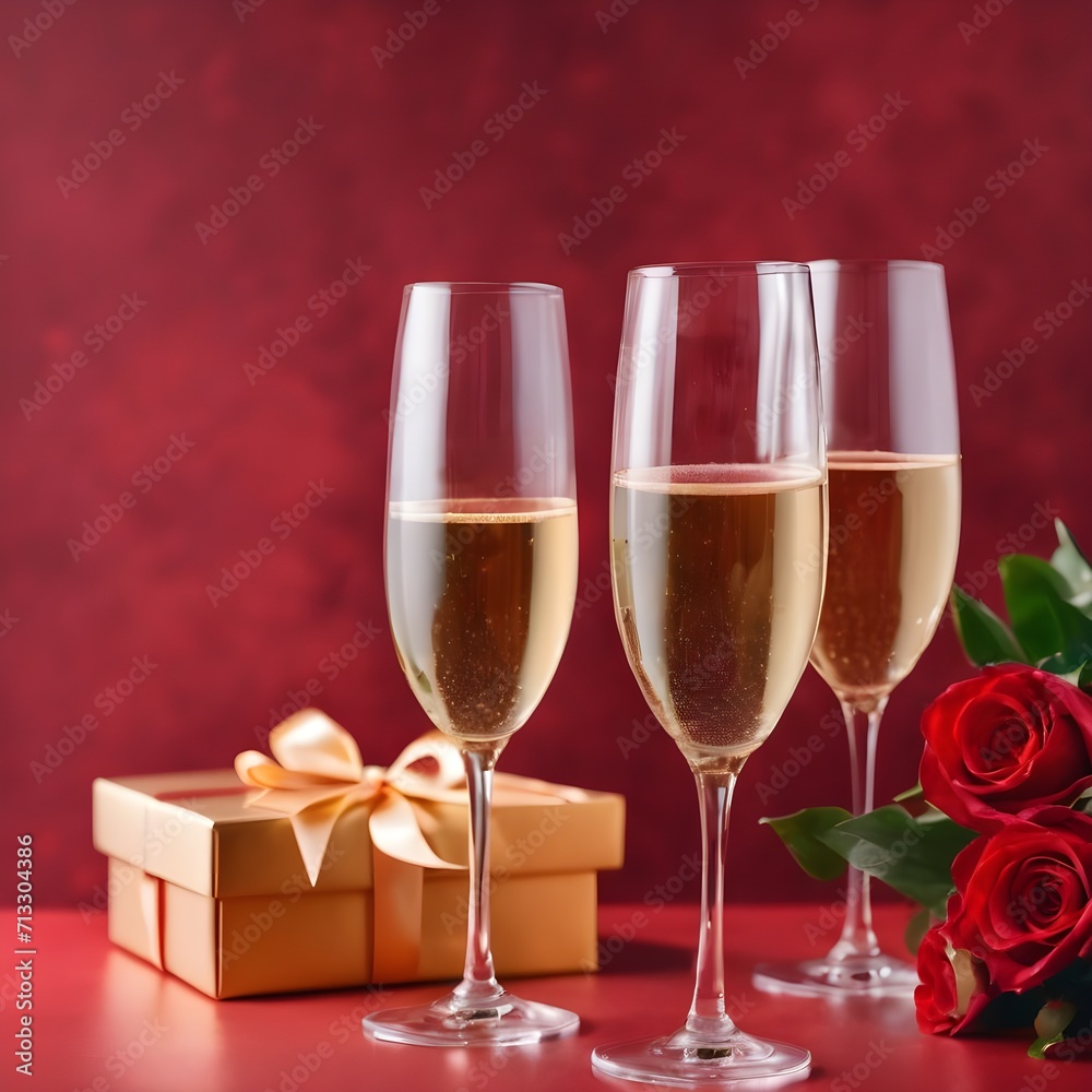 Two glasses of champagne gift box and flowers on a red background. Valentine's day decorations. Two glasses of champagne gift box and flowers on a red background. Valentine's day decorations.