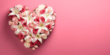 heart-shaped background of fresh white lilies, red and pink roses on a soft pink background symbolizing love, affection and romantic celebration. Valentine's Day, anniversary, wedding, gesture of love