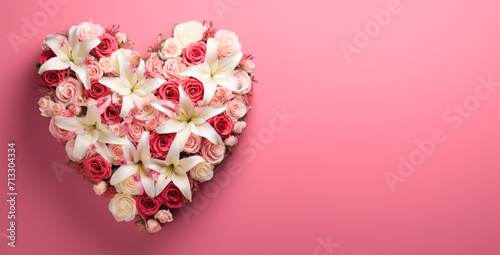 heart-shaped background of fresh white lilies, red and pink roses on a soft pink background symbolizing love, affection and romantic celebration. Valentine's Day, anniversary, wedding, gesture of love