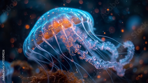 Semi-translucent, organic-looking exoskeleton of a jellyfish floating in clear water. An interdimensional creature with luminescence similar to a jellyfish. © Vagner Castro