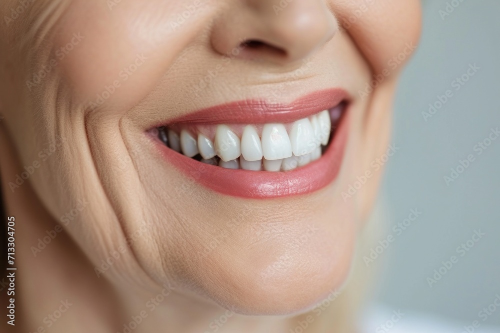 Close-up of a bright smiling European senior woman showing off healthy white teeth Close-up of a bright smiling European senior woman showing off healthy white teeth
