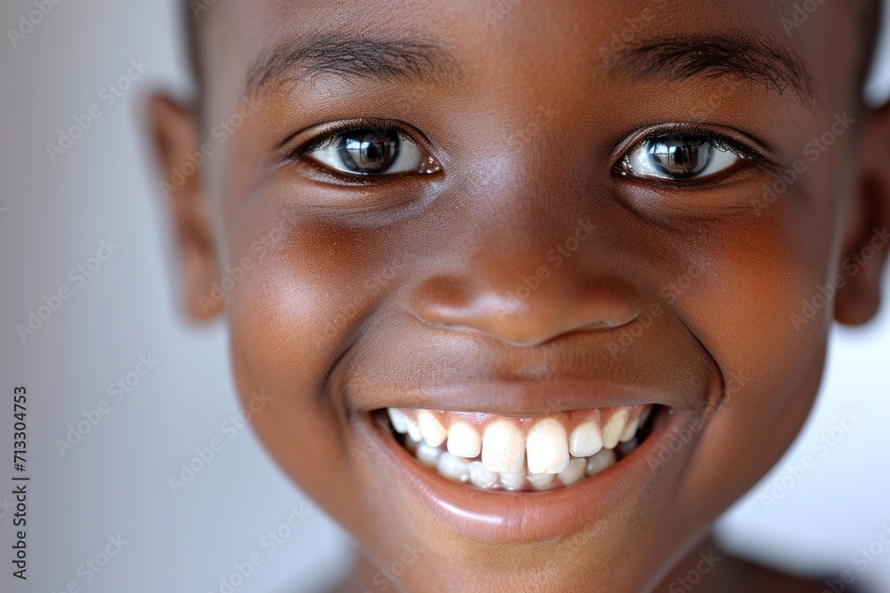 Close-up of a bright smiling African boy child showing off healthy white teeth Close-up of a bright smiling African boy child showing off healthy white teeth