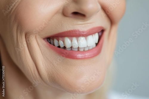 Close-up of a bright smiling European senior woman showing off healthy white teeth