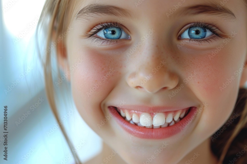Close-up of a bright smiling European girl child showing off healthy white teeth Close-up of a bright smiling European girl child showing off healthy white teeth