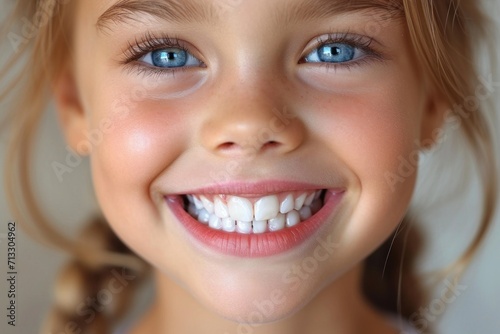 Close-up of a bright smiling European girl child showing off healthy white teeth