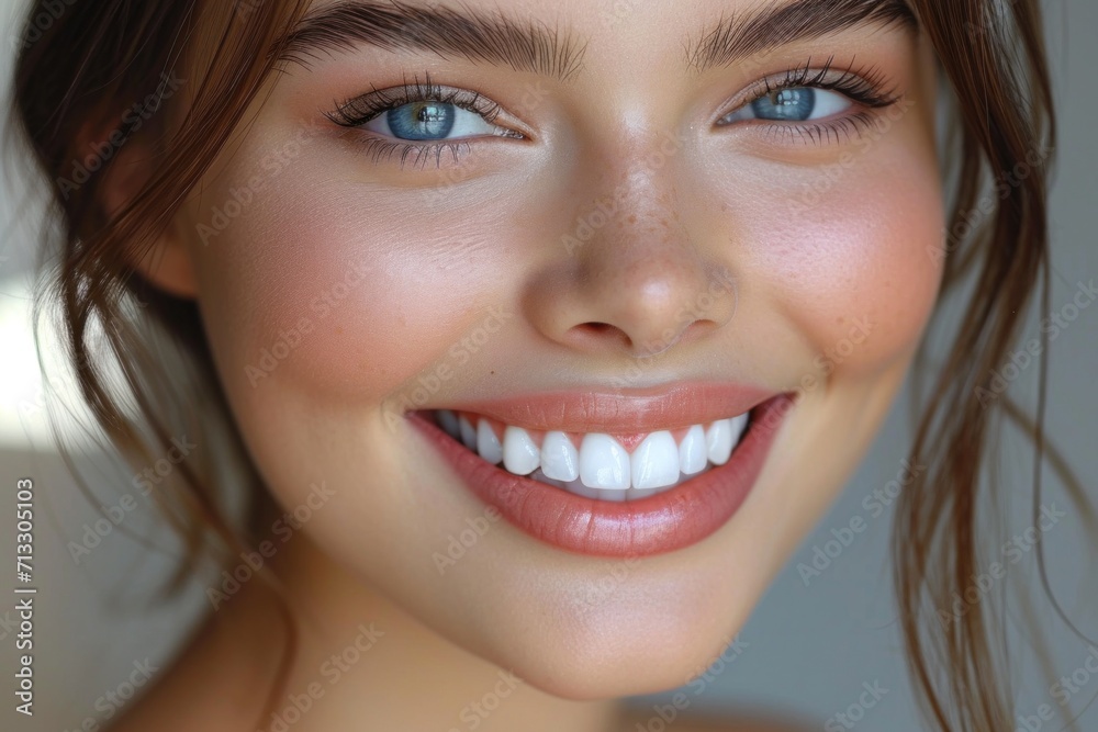 Close-up of a bright smiling European young woman showing off healthy white teeth Close-up of a bright smiling European young woman showing off healthy white teeth