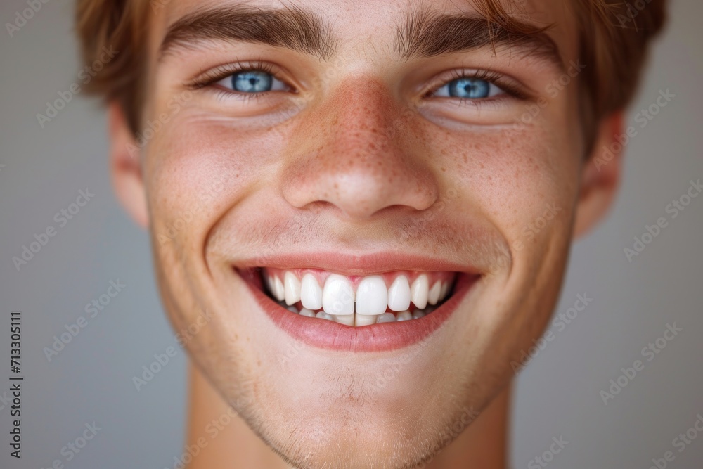Close-up of a bright smiling European young man showing off healthy white teeth