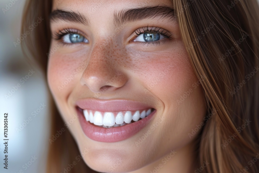 Close-up of a bright smiling European young woman showing off healthy white teeth Close-up of a bright smiling European young woman showing off healthy white teeth