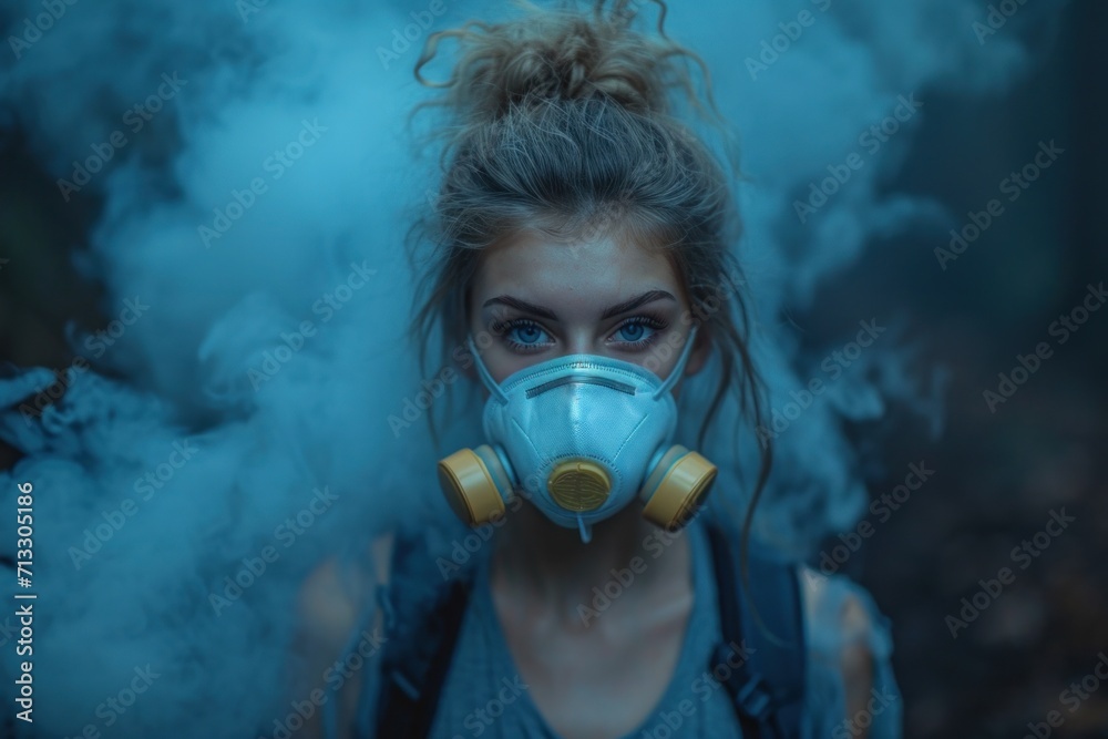 Young Woman Wearing Protective Mask Surrounded by Blue Smoke in a Controlled Environment Young Woman Wearing Protective Mask Surrounded by Blue Smoke in a Controlled Environment