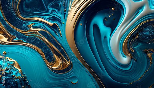 abstract fractal background, Marble aqua blue gold texture, liquid, wallpaper, background, Ai generated image  photo