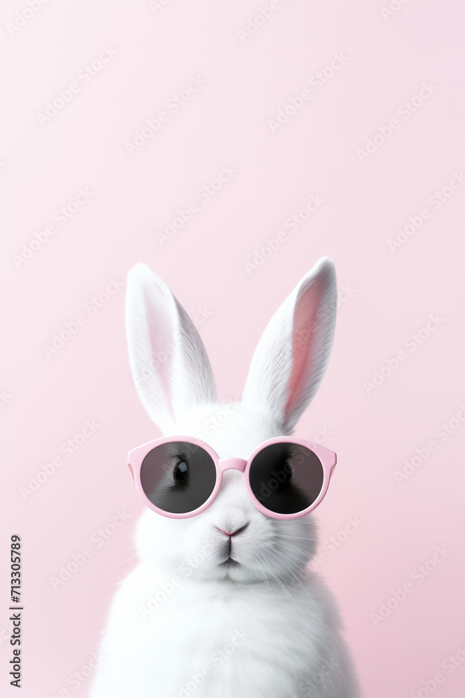 White rabbit with sunglasses on pastel pink background.Minimal concept. White rabbit with sunglasses on pastel pink background.Minimal concept.
