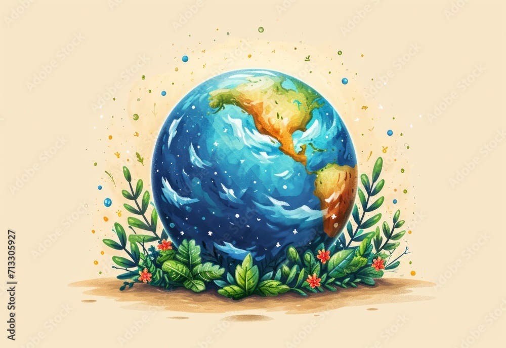 Earth day concept on white background. Cartoon style, World environment day. Illustration of the green planet with plants.