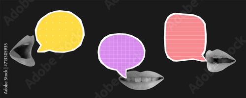 Speech bubbles and woman lips. Empty space for quote, plan and idea. Social media communication.