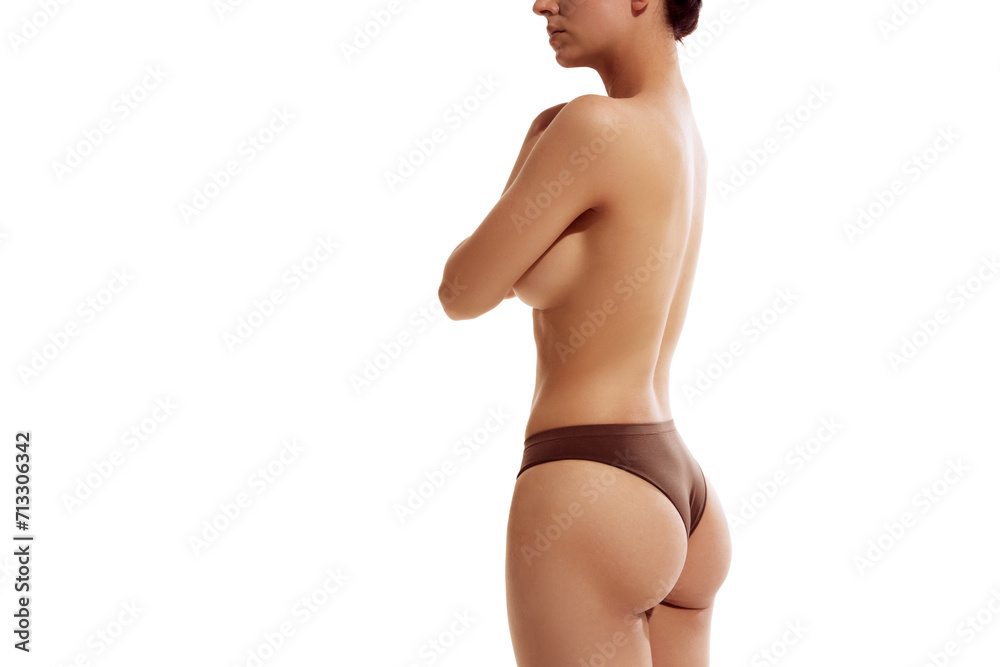 Cropped photo of sensual young woman with curvy figure posing in underwear against white studio background. Concept of beauty, body and skin care, health, plastic surgery Cropped photo of sensual young woman with curvy figure posing in underwear against white studio background. Concept of beauty, body and skin care, health, plastic surgery