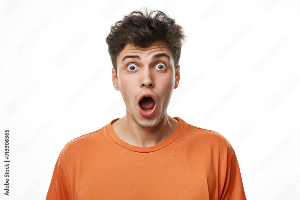 Young Man in Orange Expressing Shock and Confusion Young Man in Orange Expressing Shock and Confusion