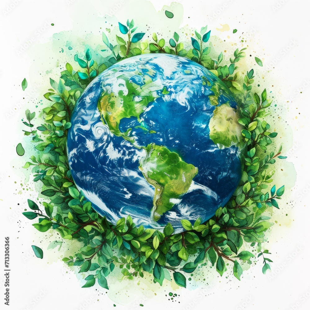 Earth day concept on white background. Cartoon style, World environment day. Illustration of the green planet with plants. Earth day concept on white background. Cartoon style, World environment day. Illustration of the green planet with plants.