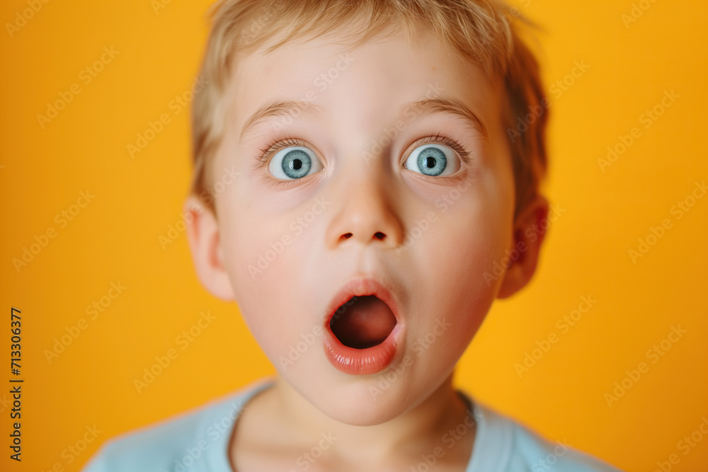 Young boy with open mouth and wide blue eyes, expressing surprise Young boy with open mouth and wide blue eyes, expressing surprise