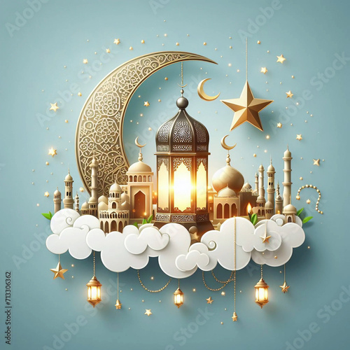 Ramadan Kareem or Ramazan Mubarak greeting with lantern and crescent 3d background Ai generative.