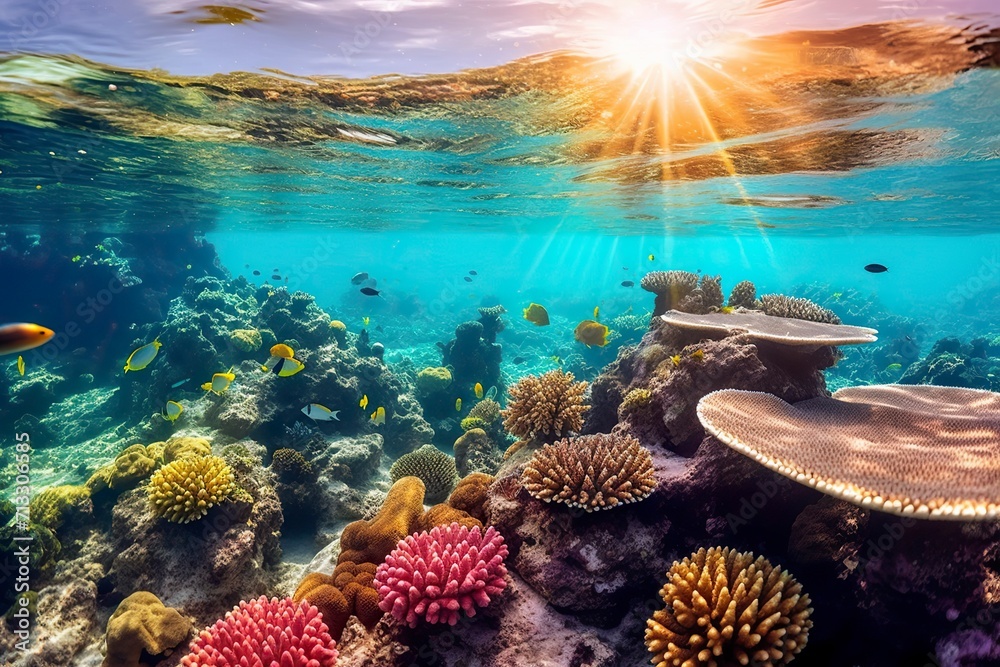 An underwater world teeming with colorful coral reefs