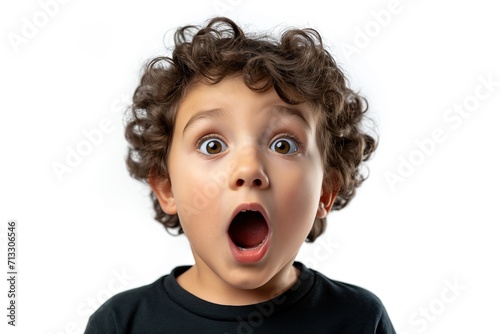 Astonished Young Boy with Curly Hair on White Background