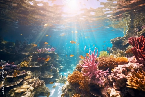 An underwater world teeming with colorful coral reefs