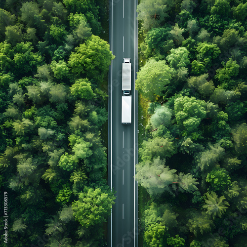 Aerial top view of car and truck driving on highway road in green forest. Sustainable transport. Drone view of hydrogen energy truck and electric vehicle driving on asphalt road through green forest. 