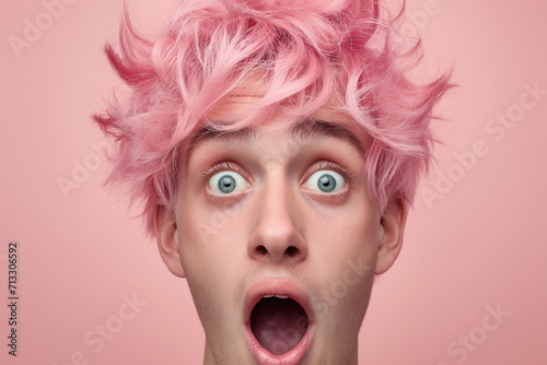 Young Adult with Pastel Pink Hair Surprised on Pink Background photo