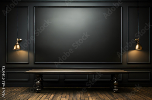 Black loft style room interior lit with lamps from above and a big black board mockup with copy space.