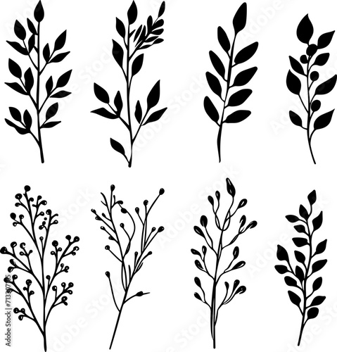 Set of silhouette branches with leaf and stem in modern style. Vector leaves isolated on white background. Hand drawn decorative botanical elements. AI generated illustration.