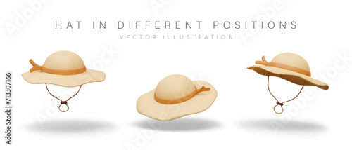 Wide brimmed hat with ties. Travel accessory, head protection from sun. Set of vector realistic objects on white background. Summer clothes. Beach items