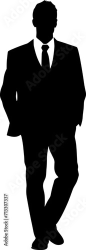 Businessman standing and presenting ideas, isolated vector silhouette. Abstract ink drawing od man in suit. Business people. AI generated illustration.