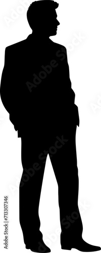 Businessman standing and presenting ideas, isolated vector silhouette. Abstract ink drawing od man in suit. Business people. AI generated illustration.