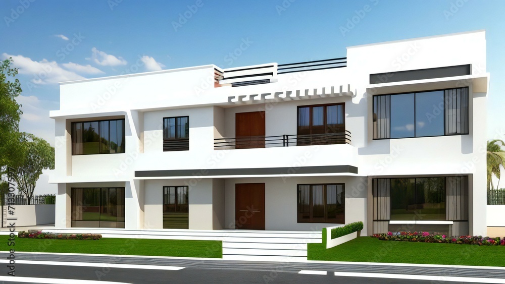 3d house model rendering on white background, 3D illustration modern cozy house. Real estate concept.