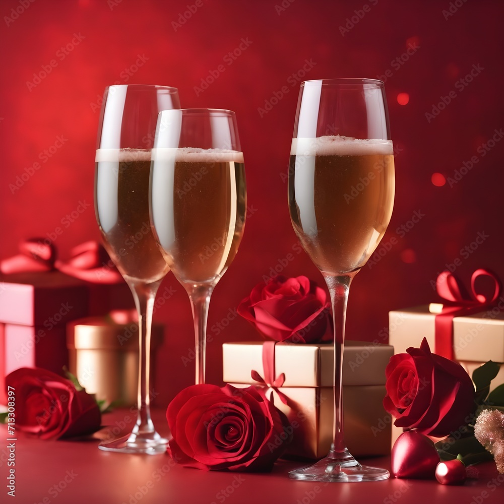 Two glasses of champagne gift box and flowers on a red background. Valentine's day decorations. Two glasses of champagne gift box and flowers on a red background. Valentine's day decorations.