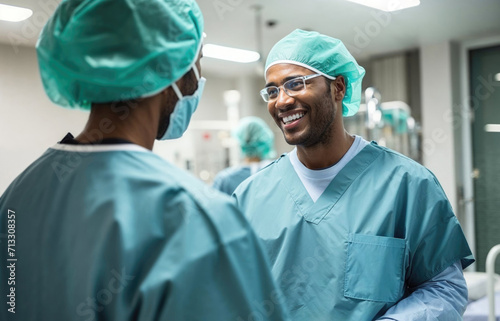 Smiling surgeons conversing in a hospital corridor. Generative AI image