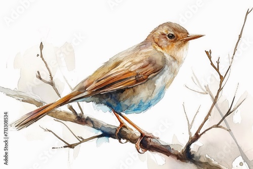 Watercolor of a Nightingale on white.