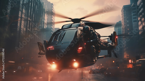 Futuristic Police Helicopter Unit Enroute to Crime Scene